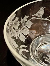Crystal Etched Birds And Vine Design Footed Bowl