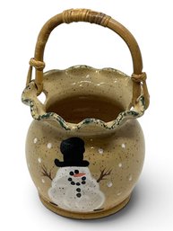 Three Rivers Pottery USA Snowman Spongeware Ruffled Basket & Wood Handle Christmas