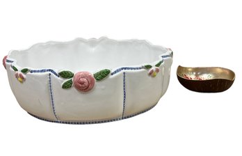 Flower Decorated Footbath And Small Gilt Hand Painted Bowl HB
