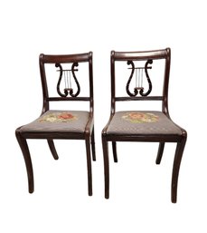 Duncan Phyfe Style Lyre Back Side Chairs With Floral Needlepoint Seat, A Pair