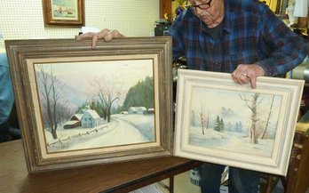 (2) Vintage O/C Paintings, Framed & Signed Art, Ready To Hang Oil On  Canvas Paintings, Winter Landscapes