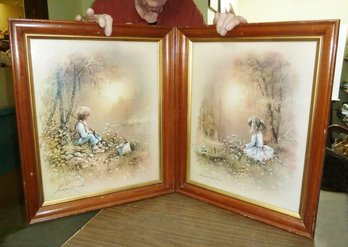 PAIR Vintage Framed Prints, Boy & Girl, Signed
