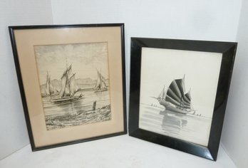 (2) Vintage Framed SHIP Pictures, 1 On Fabric