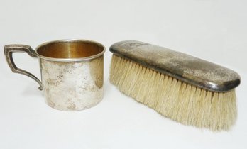 2 Pc. Sterling Brush W/ Handled Cup Signed WEB, Both Marked, (cup Weighs 49.4gr. Brush 88.9 Grams)