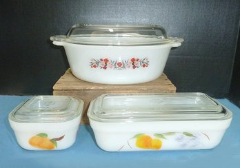 (3) Vintage FIREKING Cov. Casserole & Covered Fridge Jars