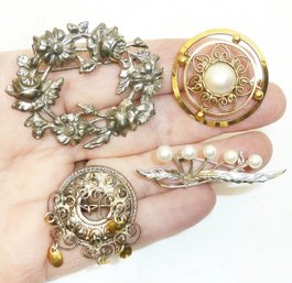 (4) Vintage Pins, 2 Marked Silver & Sterling, Norway Wedding Brooch, Beautiful Pearls