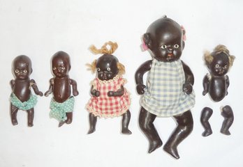(5) Adorable Vintage Porcelain Bisque Black Babies, Jointed Dolls, Black Memorabilia, Black Americana