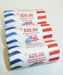 (3) Rolls Uncirculated Presidential Dollar Coins (LOT C)
