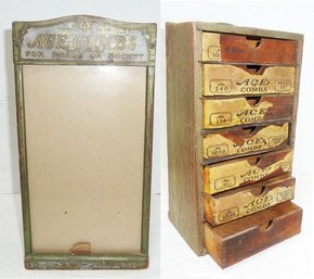 Vintage ACE COMB Wood & Glass Country Store Display Case Original Labels, Advertising