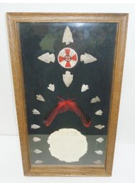 Vintage Framed Native American Indian Arrow Heads, Indian Beading & Feather Wall Hanging