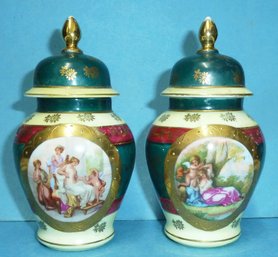 (2) Vintage Lidded Urns, Hand Painted Vienna Style Jars, Signed