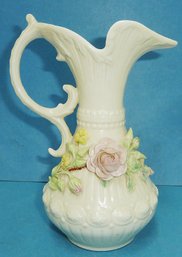 Vinage Belleek Pitcher Fancy Applies Flowers, SIGNED Belleek Ireland (green Mark)