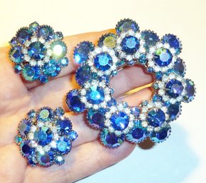 Vintage Sapphire Blue AB Pin & Ear Set, 'Juliana D&E'