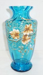 Victorian Tall Vase, Enamel Decorated Blue Glass