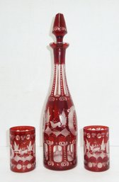 Antique Bohemian Ruby Cut To Clear Glass Decanter & 2 Matching Tumblers