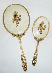 24k Gold Plated Vintage Hand Mirror & Matching Hair Brush, ROSES, Looks Never Used, Has Original Label