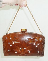 Vintage Tortoise Lucite & Rhinestone Purse NICE