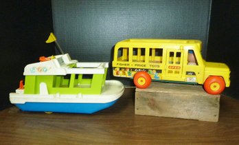Vintage Toys, Fisher Price Bus & Boat LOT