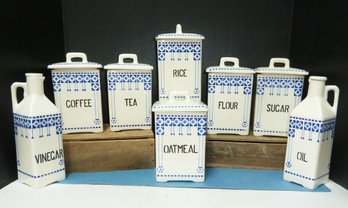 Vintage Set Of Signed 'Czechoslovakia' Blue & White Cannister SET 8 Pieces