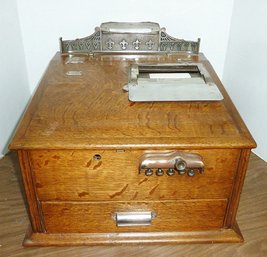Antique 'Hough's Security Cash Recorder' Oak Wood, Original Winding Key, Number Combination WORKS