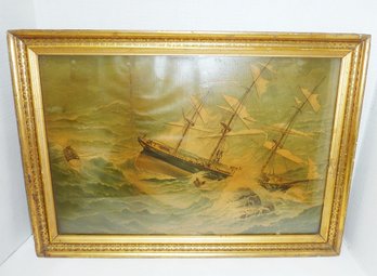 Antique Chromolithograph Shipwreck, Orig. Lemon Gold Frame (Note On Back) Newburyport & Boston Mass.