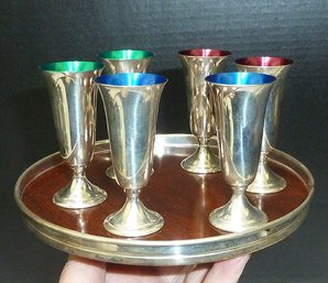 Sterling Silver Set (111gr.) Mkd. ALVIN STERLING,  6 Cordials & Matching Sterling Trim Tray NOT WEIGHTED