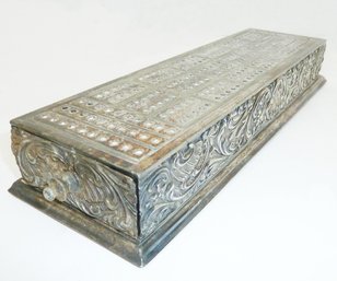 HARD TO FIND Vintage Silver Cribbage Board & Pegs, Marked Meriden, Beautiful Floral & Scrolling Leaf Design