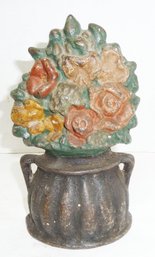 Antique Cast Iron Doorstop, Floral Urn, Good Original Paint