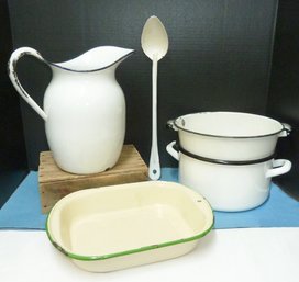 5 Pc. Vintage Enamelware LOT, Wash Pitcher, Spoon, Baking Dish, Two Pots