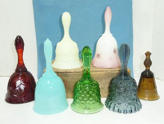 Vintage FENTON Bells & More LOT (7pc.) One Has Uranium GLOW, Hand Painted, Ruby Glass & More