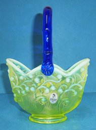 FENTON Opalescent Topaz 'Lily Of Valley' Art Glass Basket Cobalt Handle BLACKLIGHT GLOW