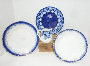 Antique Flow Blue LOT (4) Assorted Pieces, Plates/low Bowl/pitcher