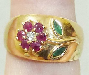 Ruby Flower Band Ring Marked 14K SIZE 9, Weighs 4.8gr