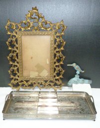 Vintage Iron Gilt Frame, Bird Faucet, Silverplate Serving Tray LOT