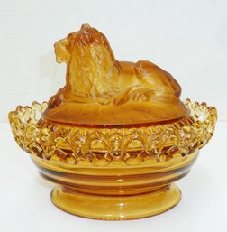 Vintage Imperial, Amber Glass Covered Lion Dish, Pat. Aug. 6, 1889 Mark Inside The Lid