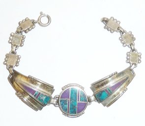 Sterling Inlay Stone Bracelet, Mkd. STERLING In Multiple Places W/ Makers Logo, 20.9gr.