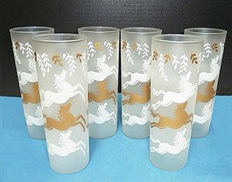Vintage (6) Libby Cavalcade Tom Collins Iced Tea Glasses MCM Art Deco Horses