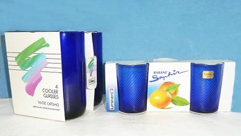 Cobalt Tumbler LOT 'New Old' In Pkg. (4) Libbey 16oz Cooler Tumblers & (3) Luminarc Swirl Glass Juices