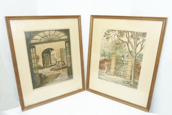 (2) Vint. Framed Colored Etchings, Signed Leon Rene Pescheret 'Charleston Gates S.C. & New Orleans Patio'