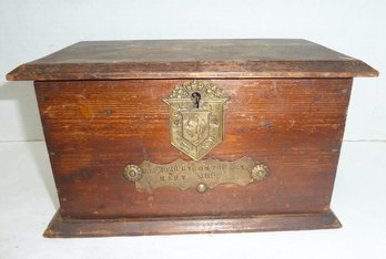 Antique Miniature Blanket Box, Ornate Brass Escutcheon Of Queen Mary Of Scots, See The Message! Nice Oldie