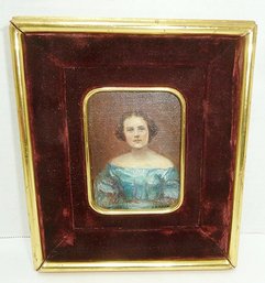 Vintage Oil Painting On Art Board W/ Velvet Lined Gilt Frame, Attractive Lady Portrait
