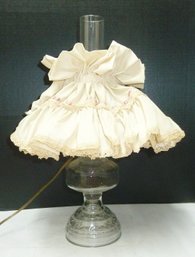 Vintage Electrified Oil Lamp, Ruffled Cloth Shade