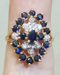Blue Sapphire & Diamond Cluster Ring Marked 14K, 4.2gr, SIZE 8