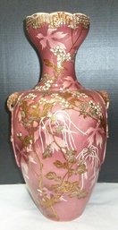 20' Tall Vintage Japanese Satsuma Vase, Elephant Handles, Nice Gilt Trims, Beautiful Mauve Glaze Color