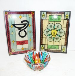 Stained Glass Pharmacy Panels, Murano SIgned Bowl