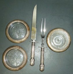 Sterling LOT, Sterling Handle Fork/knife & Coasters (2 Are Marked Sterling)