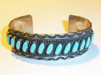 Vintage ZUNI Native American Silver Turquoise Cuff Bracelet SIGNED TR