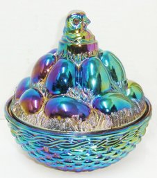 Vintage Westmoreland Signed Covered Eggs & Hen Dish, Exceptional Carnival Color