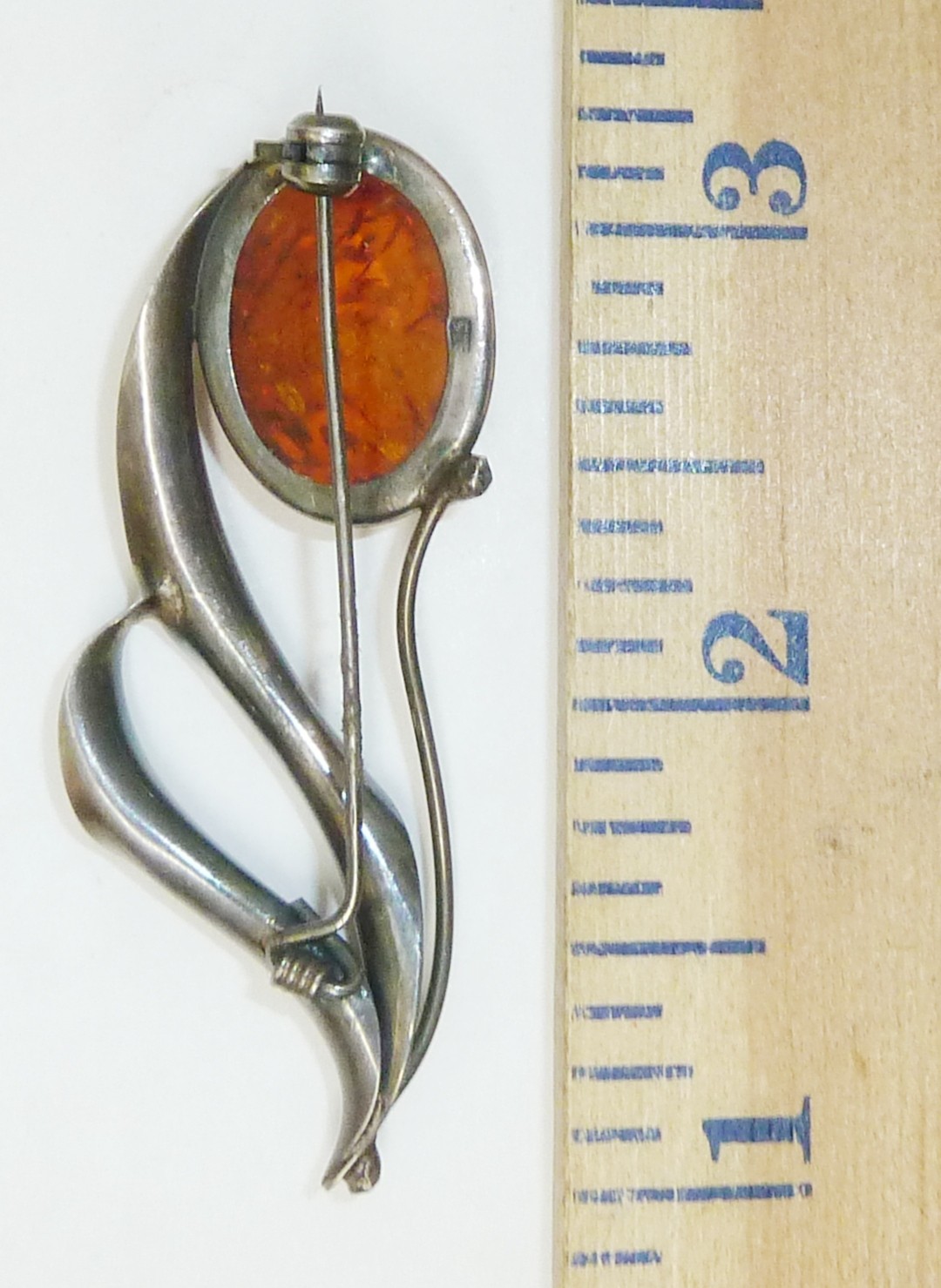 Large Vintage Sterling & Amber Stone Art Nouveau Floral Pin, Marked 925 ...