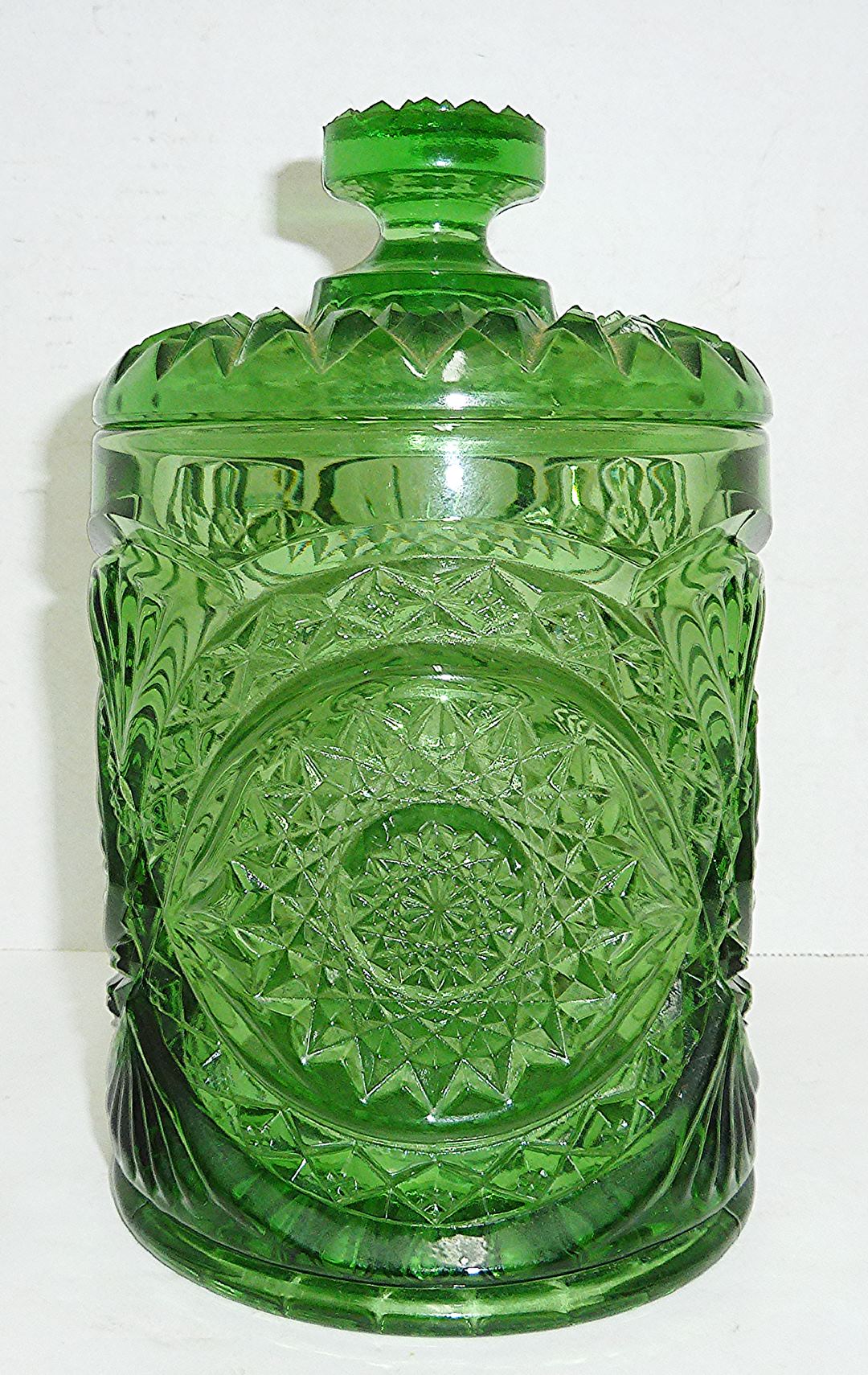 vintage glass tobacco jars Vintage Pressed Green Glass Tobacco Jar #3734